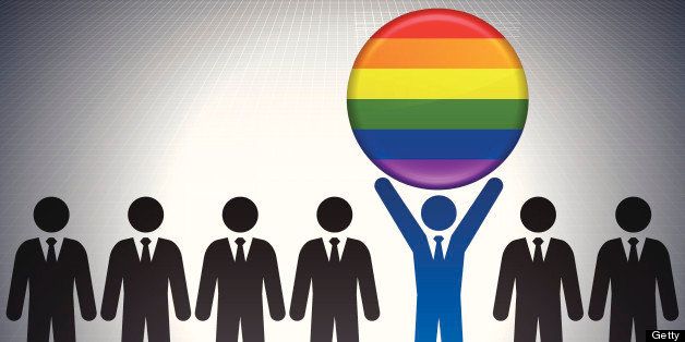 LGBT Flag Button with Business Concept Stick Figures