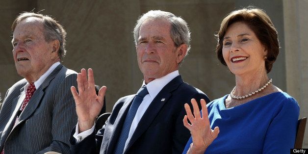 DALLAS, TX - APRIL 25: (L-R) Former U.S. President George H.W. Bush, former President George W. Bush and his wife former first lady Laura Bush attend the opening ceremony of the George W. Bush Presidential Center April 25, 2013 in Dallas, Texas. The Bush library, which is located on the campus of Southern Methodist University, with more than 70 million pages of paper records, 43,000 artifacts, 200 million emails and four million digital photographs, will be opened to the public on May 1, 2013. The library is the 13th presidential library in the National Archives and Records Administration system. (Photo by Alex Wong/Getty Images)