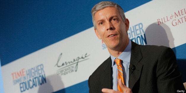 NEW YORK, NY - OCTOBER 18: U.S. Secretary of Education Arne Duncan speaks during the 'All Hands on Deck: Perspectives from Higher Education, Government, Philanthropy and Business' panal during the TIME Summit On Higher Education on October 18, 2012 in New York City. (Photo by Jemal Countess/Getty Images for TIME)