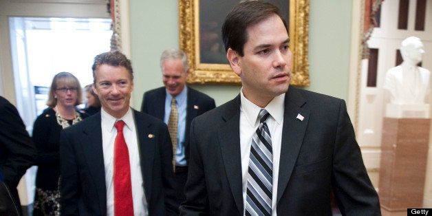 UNITED STATES Ð NOVEMBER 17: From left, Sen.-elect Rand Paul, R-Ky., and Sen.-elect Marco Rubio, R-Fla., leave the Mansfield Room during a break in freshman orientation on Wednesday, Nov. 17, 2010. (Photo By Bill Clark/Roll Call)