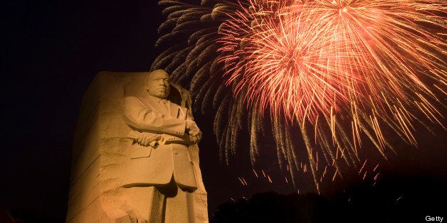 WASHINGTON, DC - JULY 4: Fireworks go off behind the Martin Luther King, Jr. Memorial in Washington, DC on Wednesday, July 4, 2012. Martin Luther King memorial is the newest addition to the monuments on the mall in Washington, DC after it opened last year. (Photo by Linda Davidson / The Washington Post via Getty Images)