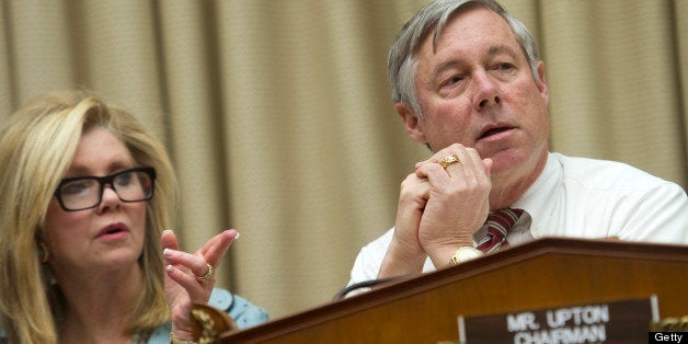 UNITED STATES - JANUARY 22: Rep. Marsha Blackburn, R-Tn., and Chairman Fred Upton, R-Mich., at a House Energy and Commerce Committee meeting. It is the first formal organizational meeting of the committee for the 113th Congress. (Photo By Chris Maddaloni/CQ Roll Call)