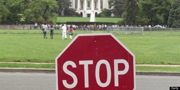 UNITED STATES - MAY 10: The white house ( back ), with barricades in the front. (Photo by Ulrich Baumgarten via Getty Images)