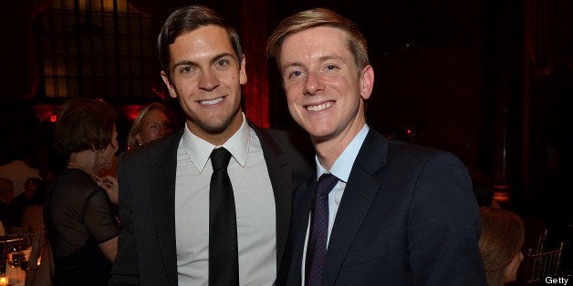 Sean Eldridge, president of Hudson River Ventures, left, and Chris Hughes, editor-in-chief and publisher of The New Republic and a founder of Facebook Inc., stand for a photograph during the Paris Review Spring Revel gala in New York, U.S., on Tuesday, April 3, 2012. The Paris Review Spring Revel is an annual gala held in celebration of great American writers and writing. This year's benefit celebrated the literary magazine's 200th issue. Photographer: Amanda Gordon/Bloomberg via Getty Images