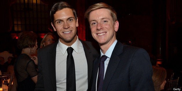 Sean Eldridge, president of Hudson River Ventures, left, and Chris Hughes, editor-in-chief and publisher of The New Republic and a founder of Facebook Inc., stand for a photograph during the Paris Review Spring Revel gala in New York, U.S., on Tuesday, April 3, 2012. The Paris Review Spring Revel is an annual gala held in celebration of great American writers and writing. This year's benefit celebrated the literary magazine's 200th issue. Photographer: Amanda Gordon/Bloomberg via Getty Images 