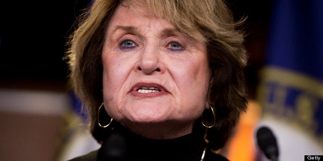 UNITED STATES - FEBRUARY 13: Rep. Louise Slaughter, D-N.Y., speaks at a news conference in the Capitol Visitor Center on the reauthorization of the Violence Against Women Act. (Photo By Tom Williams/CQ Roll Call)