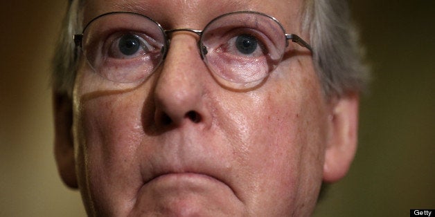 WASHINGTON, DC - JUNE 04: U.S. Senate Minority Leader Sen. Mitch McConnell (R-KY) listens as he speaks to members of the media June 4, 2013 on Capitol Hill in Washington, DC. The Senate Republicans had their weekly policy luncheon to discuss the Republican agenda. (Photo by Alex Wong/Getty Images)