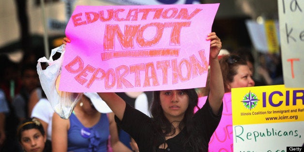 CHICAGO, IL - JUNE 27: Protestors demonstrate calling for immigration reform in front of the Illinois GOP headquarters on June 27, 2013 in Chicago, Illinois. Today the U.S. Senate passed an immigration reform bill with broad bipartisan support that would overhaul immigration laws for the first time in more than two decades. (Photo by Scott Olson/Getty Images)