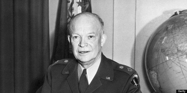 US Supreme Commander of the North Atlantic Treaty Organization (NATO) General Dwight David Eisenhower (1890-1969) presents his first yearly report to the press at NATO's headquarters in Rocquencourt on April 2, 1952. AFP PHOTO (Photo credit should read /AFP/GettyImages)