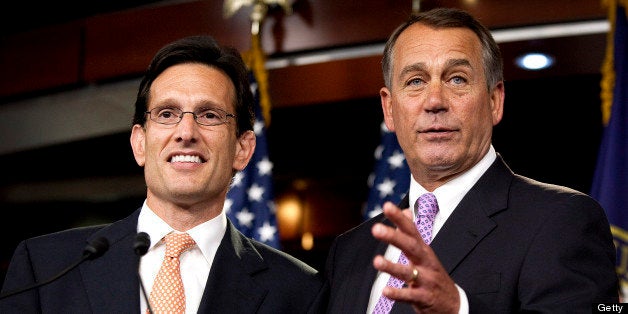 House Speaker John Boehner, a Republican from Ohio, right, and House Majority Leader Eric Cantor, a Republican from Virginia, speak during a press conference in Washington, D.C., U.S., on Thursday, July 14, 2011. Boehner said he's glad Cantor is involved in deficit-cutting talks, following Democratic criticism that Cantor is hindering progress. Photographer: Joshua Roberts/Bloomberg via Getty Images