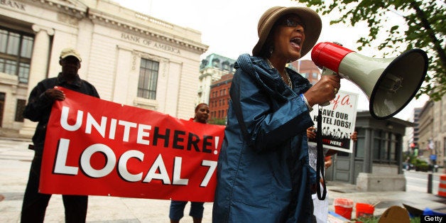 WASHINGTON - AUGUST 18: AFL-CIO Vice Executive President Arlene Holt Baker speaks during a protest in front of a Bank of America August 18, 2010 in Washington, DC. In 2005, Bank of America and Bear Stearns loaned hotel company Columbia Sussex $1.1 billion to buy 14 hotels. With the loads possibly going into default and maturing on October 12, 2010, hotel workers who took part in the protest called on the bank to save their jobs. (Photo by Alex Wong/Getty Images)