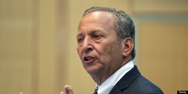 BOSTON - SEPTEMBER 12: Two well known Harvard economists, Lawrence 'Larry' Summers and Greg Mankiw, not pictured, took part in a forum held on the campus of Northeastern University, talking about their views on the recovery and tax policy. The event was moderated by former Massachusetts governor Michael S. Dukakis. (Photo by Jim Davis/The Boston Globe via Getty Images)