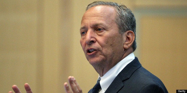 BOSTON - SEPTEMBER 12: Two well known Harvard economists, Lawrence 'Larry' Summers and Greg Mankiw, not pictured, took part in a forum held on the campus of Northeastern University, talking about their views on the recovery and tax policy. The event was moderated by former Massachusetts governor Michael S. Dukakis. (Photo by Jim Davis/The Boston Globe via Getty Images)