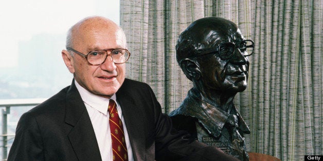 SAN FRANCISCO, CA - 1986: Nobel Prize-winning economist Milton Friedman poses with a sculpture of himself during a 1986 San Francisco, California, photo portrait session. For much of the 1980s, Friedman's economic policies helped shape the United States and the world.(Photo by George Rose/Getty Images)