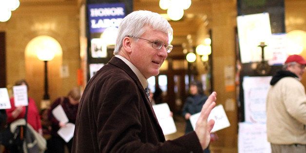 MADISON, WI - MARCH 04: Republican Wisconsin State Senator Glenn Grothman waves as he walks through the Wisconsin State Capitol on March 4, 2011 in Madison,Wisconsin. Some demonstrators have returned to the capitol building hours after they were forced to vacate the building after occupying it for more than two weeks to protest Governor Scott Walker's attempt to push through a bill that would restrict collective bargaining for most government workers in the state. (Photo by Justin Sullivan/Getty Images)
