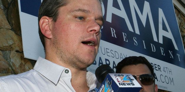 HOLLYWOOD, FL - OCTOBER 27: Actor Matt Damon speaks to a reporter as he makes a stop at Democratic presidential nominee U.S. Sen. Barack Obama's (D-IL) campaign headquarters on October 27, 2008 in Hollywood, Florida. (Photo by Logan Fazio/FilmMagic)
