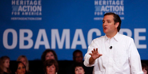 Senator Ted Cruz, a Republican from Texas, speaks at a Heritage Action Defund Obamacare Town Hall event in Dallas, Texas, U.S., on Tuesday, Aug. 20, 2013. Heritage Action for America yesterday announced a $550,000 online ad campaign, that will run in 100 Republican-controlled districts, urging lawmakers to support efforts to stop funding for the health-care law. Photographer: Mike Fuentes/Bloomberg via Getty Images 