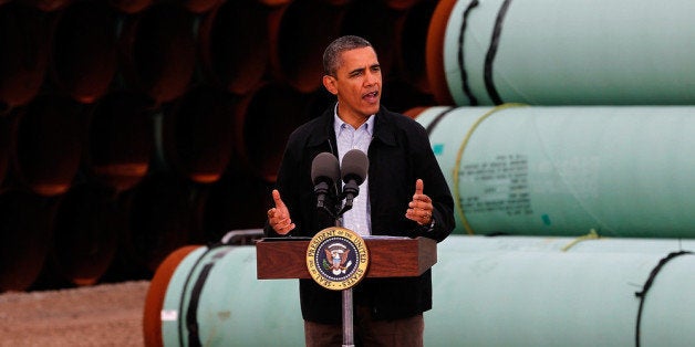 CUSHING, OK - MARCH 22: U.S. President Barack Obama speaks at the southern site of the Keystone XL pipeline on March 22, 2012 in Cushing, Oklahoma. Obama is pressing federal agencies to expedite the section of the Keystone XL pipeline between Oklahoma and the Gulf Coast. (Photo by Tom Pennington/Getty Images)