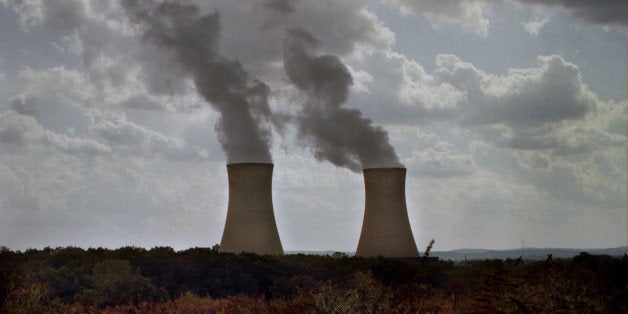 Dual nuclear power plant cooling towers with flowering vegetation in the foreground. Steam is billowing out of both towers an