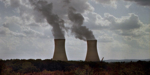 Dual nuclear power plant cooling towers with flowering vegetation in the foreground. Steam is billowing out of both towers and rising up to meet a dark cloudy sky.