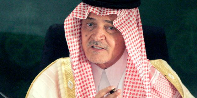 Saudi Foreign Minister Prince Saud al-Faisal gestures during a press conference held with US Secretary of State John Kerry (not pictured) in Jeddah, on June 25, 2013. Saudi Arabia pressed for global action to end Syrian President Bashar al-Assad's regime, telling US Secretary of State John Kerry that the civil war had turned into 'genocide'. AFP PHOTO/STR (Photo credit should read STR/AFP/Getty Images)