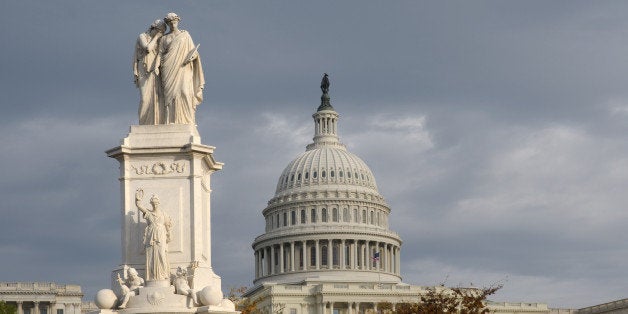 The Peace Monument standing in front of the US Capitol Building, was originally built as a memorial to seamen who died at sea during the American Civil War, Washington DC, United States. 