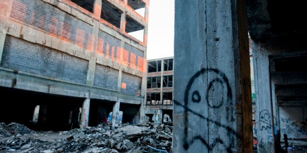 DETROIT, MI - MAY 02: Graffiti decorates the ruins of the Packard Automotive Plant, a 35 acre site where luxury cars were manufactured until the 1950's on May 2, 2013 in Detroit, Michigan. Sitting on the East side of Detroit, the former automotive plant is now a site for scavengers, urban explorers and graffiti artists. (Photo by Ann Hermes/The Christian Science Monitor via Getty Images)