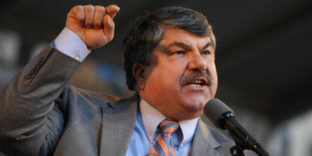 Richard Trumka, president of the AFL-CIO, speaks at a rally against big banks in New York, U.S., on Thursday, April 29, 2010. Trumka led thousands of labor-union protesters in a march on Wall Street, chanting that investment banks must 'fix the mess that you made' by paying more taxes and lending more money. Photographer: Jin Lee/Bloomberg via Getty Images