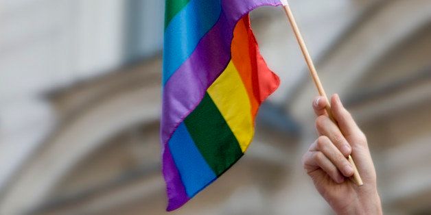 Person holding a rainbow flag, Stockholm, Sweden