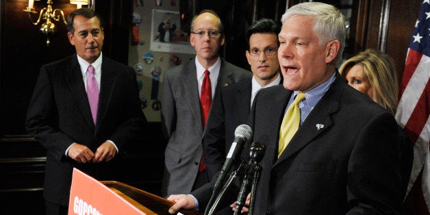 WASHINGTON - MARCH 16: U.S. Rep. Pete Sessions (R-TX) (2nd R) stands with House Minority Leader Rep. John Boehner (R-OH) (L), Rep. Greg Walden (R-OR) (2nd L), House Minority Whip Rep. Eric Cantor (R-VA) (3rd L) and Rep. Marsha Blackburn (R-TN) (R) as he speaks at a news conference to unveil a new GOP television ad against President Barack Obama's health care legislation, at National Republican Committee headquarters on March 16, 2010 in Washington, DC. Democrats seem to be determined to push through health care bill over heavy Republican opposition. (Photo by Jonathan Ernst/Getty Images)