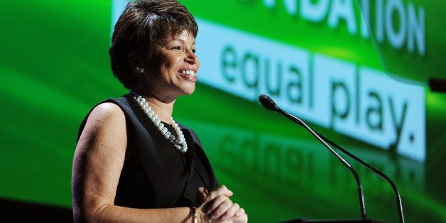 NEW YORK - OCTOBER 13: Senior Advisor to the President and Assistant to the President for Intergovernmental Relations and Public Liaison Valerie Jarrett speaks onstage during the 30th Annual Salute To Women In Sports Awards at The Waldorf=Astoria on October 13, 2009 in New York City. (Photo by Stephen Lovekin/Getty Images for the Women?s Sports Foundation)