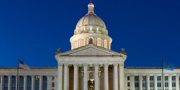 Front view of the Oklahoma State Capitol at dusk.