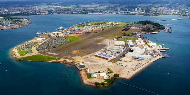 Aerial view of Pearl harbor, Pearl harbor is a lagoon harbour used as a deep water naval base by the US navy and headquarters