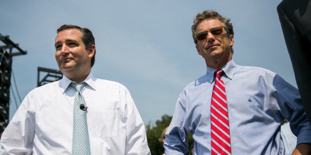 WASHINGTON, DC - SEPTEMBER 10: U.S. Sen. Ted Cruz (R-TX) (L) and Sen. Rand Paul (R-KY) wait to speak at the 'Exempt America