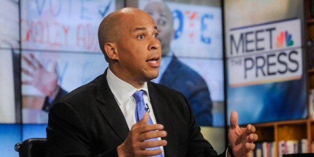 MEET THE PRESS -- Pictured: (l-r) Newark, N.J. Mayor Cory Booker (D) appears on 'Meet the Press' in Washington, D.C., Sunday, August 25, 2013. (Photo by: William B. Plowman/NBC/NBC NewsWire via Getty Images)