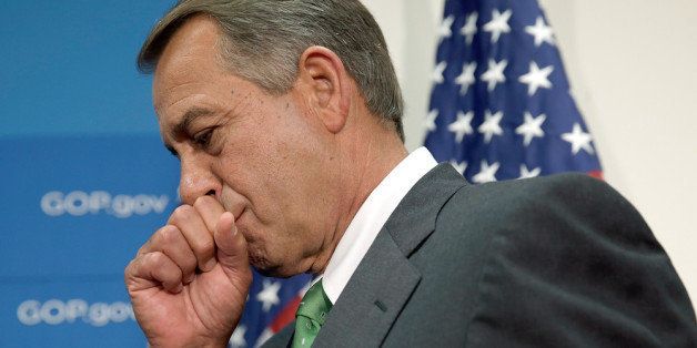 WASHINGTON, DC - SEPTEMBER 26: U.S. Speaker of the House John Boehner listens to House Republican colleagues speak at a press conference at the U.S. Capitol September 26, 2013 in Washington, DC. Boehner signaled that he is urging Republican colleagues to remain flexible in negotiations to avert a governmental shutdown when federal funding runs out next week. (Photo by Win McNamee/Getty Images)