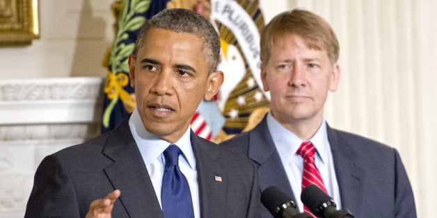 WASHINGTON, DC - JULY 17: (AFP OUT) U.S. President Barack Obama delivers a statement on the confirmation of Richard Cordray (R) as Director of the Consumer Financial Protection Bureau in the State Dining Room of the White House July 17, 2013 in Washington, DC. Previously, Cordray was Attorney General of Ohio. (Photo by Ron Sachs-Pool/Getty Images)