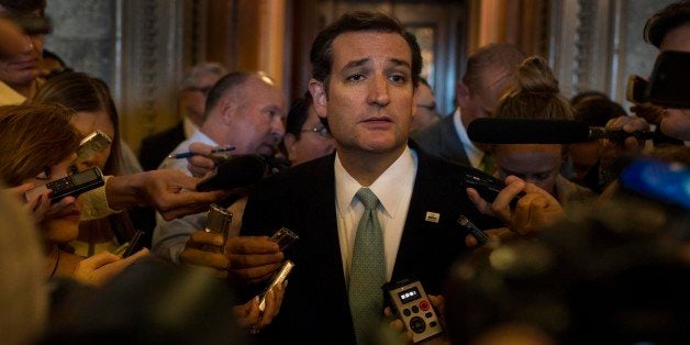 WASHINGTON, DC - SEPTEMBER 25: After holding the Senate floor more than 21 hours and 19 minutes Senator Ted Cruz (R-TX) emerged to speak to reporters off Senate floor concerning the Continuing Resolution battle and his dislike of 'ObamaCare' on Capitol Hill Wednesday September 25, 2013. (Photo by Melina Mara/The Washington Post via Getty Images)