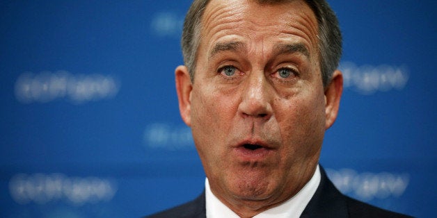 WASHINGTON, DC - OCTOBER 04: Speaker of the House John Boehner (R-OH) answers reporters' questions during a news conference after a House Republican caucus meeting at the U.S. Capitol October 4, 2013 in Washington, DC. 'This isn't some damn game,' Boehner said about the current federal government shutdown. (Photo by Chip Somodevilla/Getty Images)