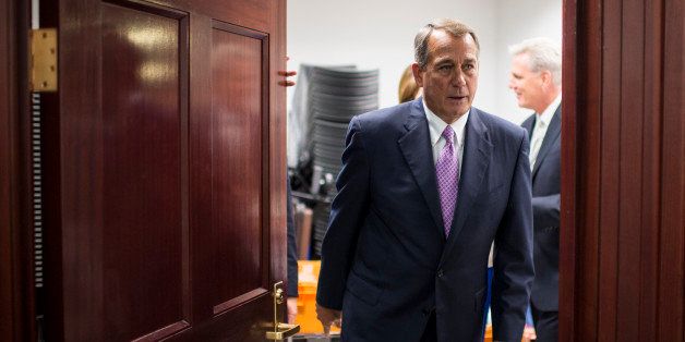 UNITED STATES - OCTOBER 4: Speaker of the House John Boehner, R-Ohio, leaves the House Republican Conference meeting in the basement of the Capitol to speak to the media on Friday, Oct. 4, 2013. (Photo By Bill Clark/CQ Roll Call)