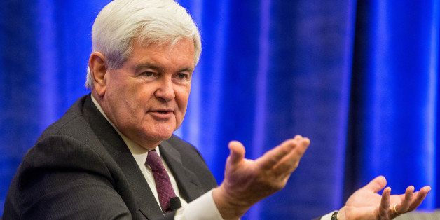 BOSTON - AUGUST 14: Former Speaker of the House Newt Gingrich speaks at the Republican National Committee's Summer Meeting held at The Westin Boston Waterfront Hotel. (Photo by Aram Boghosian for The Boston Globe via Getty Images)