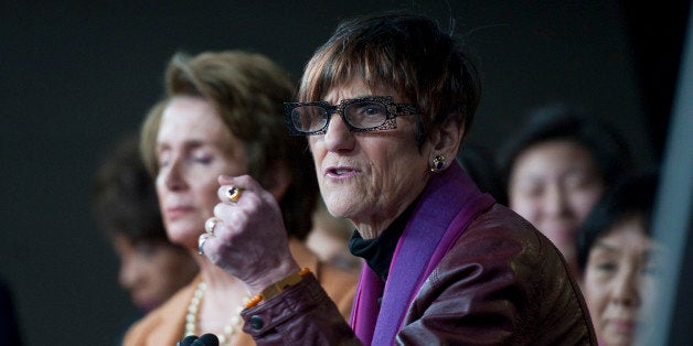 UNITED STATES - FEB 28: U.S. House Minority Leader Nancy Pelosi, D-CA., and Rep. Rosa DeLauro, D-CT., during a news conference on February 28, 2013 on Capitol Hill in Washington, DC. Pelosi and other female members of Congress blamed republicans for doing nothing to stop automatic spending cuts in the so-called sequester, which she said would disproportionately impact women and that Americans ?might as well get a pink slip? directly from House Speaker John Boehner. (Photo By Douglas Graham/CQ Roll Call)