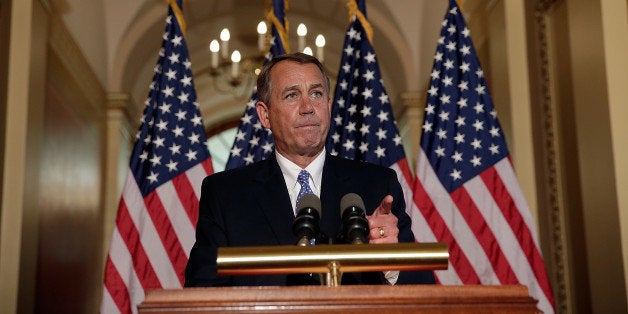 WASHINGTON, DC - OCTOBER 08: U.S. Speaker of the House John Boehner (R-OH) responds to U.S. President Barack Obama's comments at the U.S. Capitol October 8, 2013 in Washington, DC. The U.S. government shutdown is entering its eighth day as the U.S. Senate and House of Representatives remain gridlocked on funding the federal government. (Photo by Win McNamee/Getty Images)