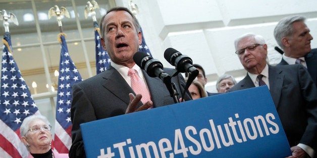 WASHINGTON, DC - OCTOBER 10: Speaker of the House John Boehner (R-OH) (C) speaks during a press conference with members of the House Republican leadership at the U.S. Capitol following a meeting of the House Republican conference October 10, 2013 in Washington, DC. Reports indicate that Boehner is prepared to have the House vote on a short-term increase in the debt limit as early as today. (Photo by Win McNamee/Getty Images)