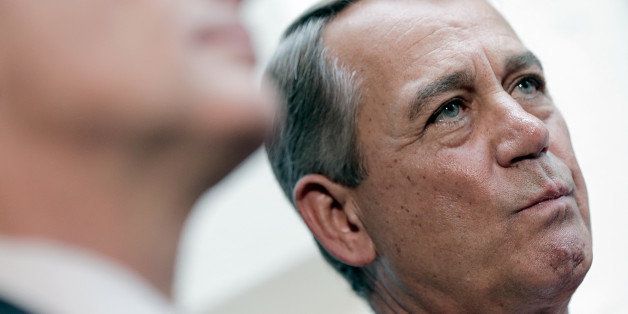 WASHINGTON, DC - OCTOBER 10: Speaker of the House John Boehner (R-OH) attends a press conference with members of the House Republican leadership at the U.S. Capitol following a meeting of the House Republican conference October 10, 2013 in Washington, DC. Reports indicate that Boehner is prepared to have the House vote on a short-term increase in the debt limit as early as today. (Photo by Win McNamee/Getty Images)