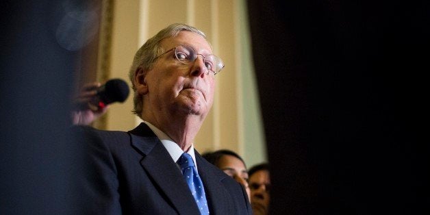 WASHINGTON, DC - SEPTEMBER 24: Senate Minority Leader Mitch McConnell (R-KY) stand before the media after the GOP policy luncheon to discuss the Continuing Resolution debate in the Senate, on Capitol Hill Tuesday September 24, 2013. (Photo by Melina Mara/The Washington Post via Getty Images)