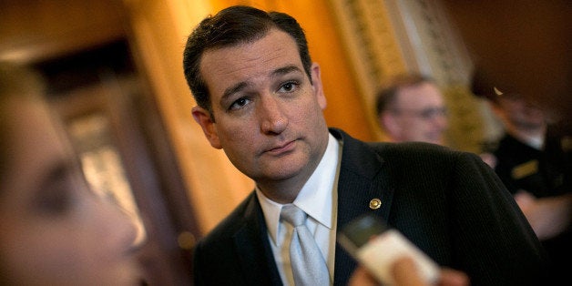 WASHINGTON, DC - OCTOBER 11: Sen. Ted Cruz (R-TX) (C) talks with reporters following a meeting at the White House between Republican members of the U.S. Senate with U.S. President Barack Obama on settling the debt limit and government funding issues October 11, 2013 in Washington, DC. The U.S. government shutdown is entering its eleventh day as the U.S. Senate and House of Representatives remain gridlocked on funding the federal government. (Photo by Win McNamee/Getty Images)