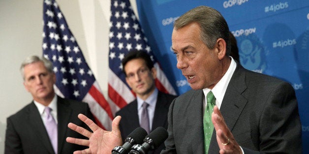 WASHINGTON, DC - SEPTEMBER 26: U.S. Speaker of the House John Boehner speaks at a press conference at the U.S. Capitol September 26, 2013 in Washington, DC. Boehner signaled that he is urging Republican colleagues to remain flexible in negotiations to avert a governmental shutdown when federal funding runs out next week. Also pictured are (L-R) House Majority Whip Kevin McCarthy (R-CA) and House Majority Leader Eric Cantor (R-VA). (Photo by Win McNamee/Getty Images)