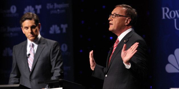 GLASSBORO, NJ - OCTOBER 9: U.S. Senate candidate Steve Lonegan (R) speaks during his second televised debate with Cory Booker (not pictured) at Pfleeger Concert Hall, Wilson Hall, Rowan University, on October 9, 2013 in Glassboro, New Jersey. Voters go to the polls November 5. (Photo by Michael Bryant-Pool/Getty Images)