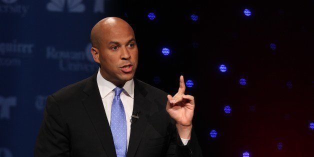 GLASSBORO, NJ - OCTOBER 9: U.S. Senate candidate Cory Booker speaks during his second televised debate with Steve Lonegan at Pfleeger Concert Hall, Wilson Hall, Rowan University, on October 9, 2013 in Glassboro, New Jersey. Voters go to the polls November 5. (Photo by Michael Bryant-Pool/Getty Images)